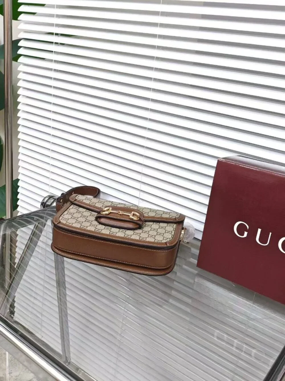 Gucci 1955 Horsebit Medium Shoulder Bag in GG Supreme Canvas with Brown Leather